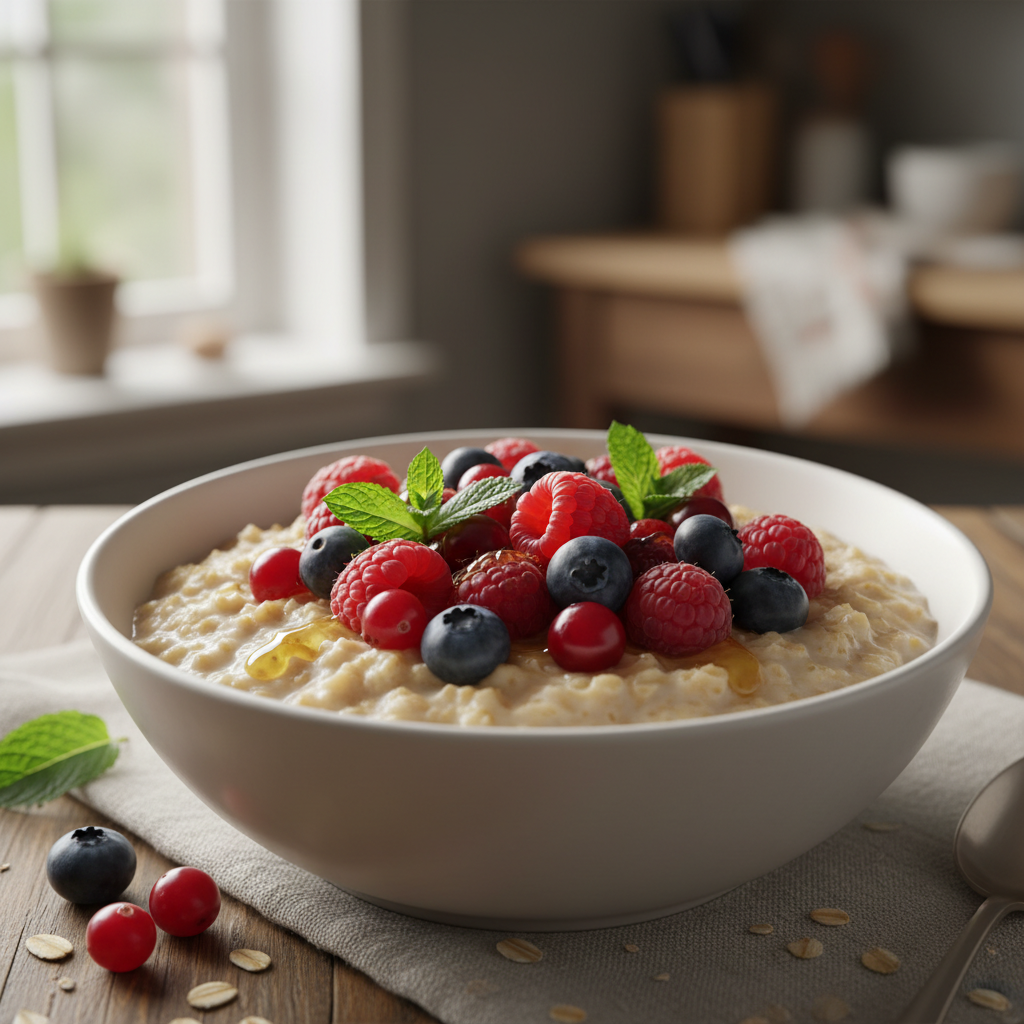 Avižinių dribsnių košė su šviežiomis laukinėmis uogomis